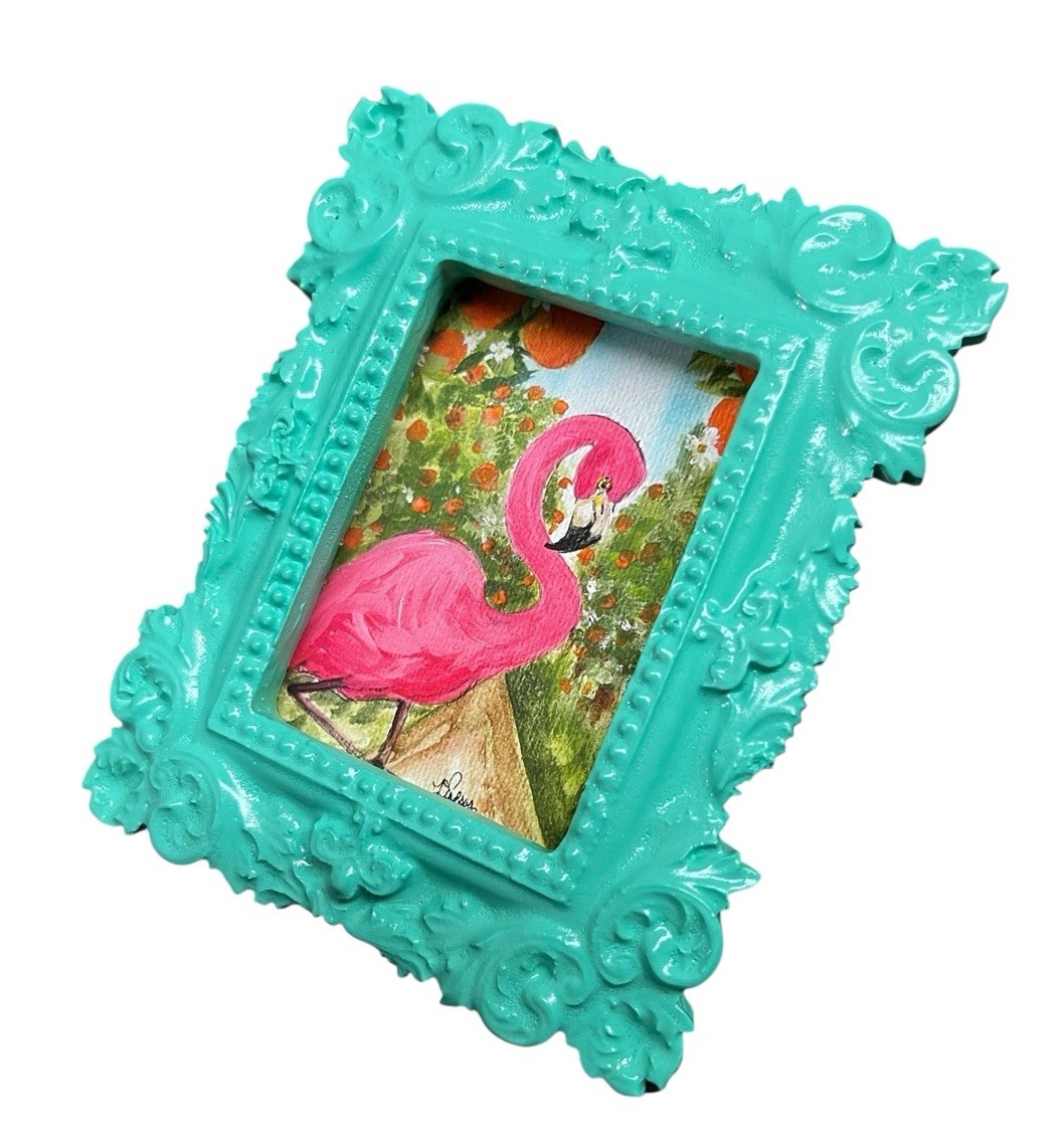 Pink Flamingo in Orange Grove watercolor print in mini vintage style frame