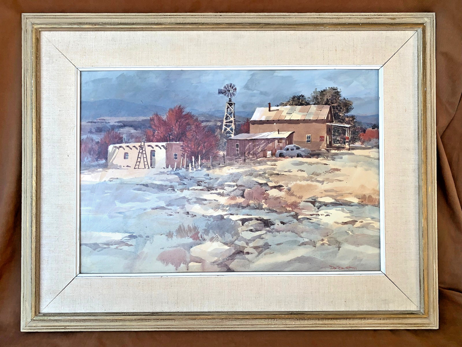Listed NM Artist Don Brackett Original Watercolor Painting Adobe w Windmill