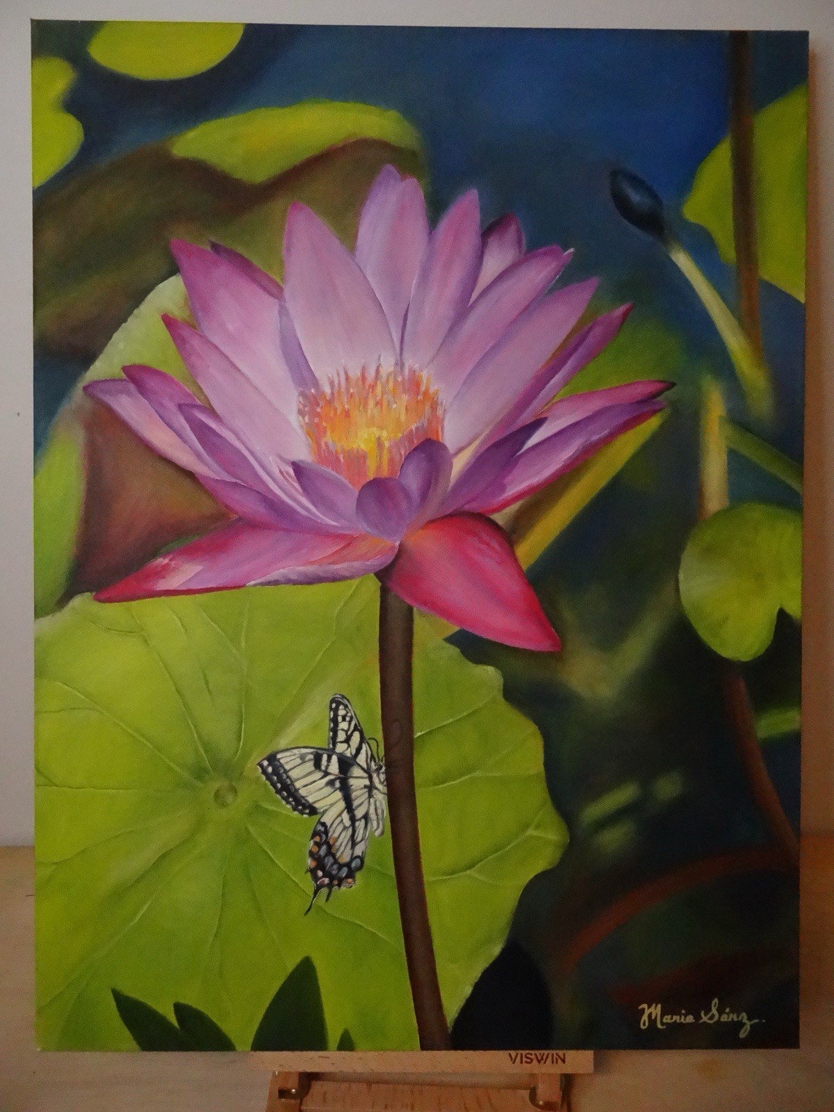 Maria Sanchez Original Oil Painting Lotus Flower & Butterfly on Canvas, 24”x18”