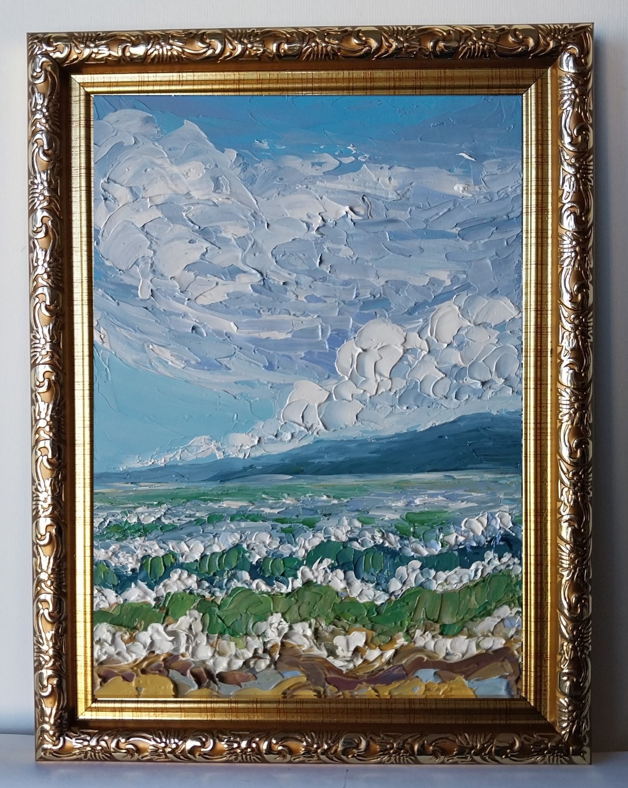 Framed Seascape Seashore Cloudy Sky Art 5×7 inches Impasto Oil Painting Original