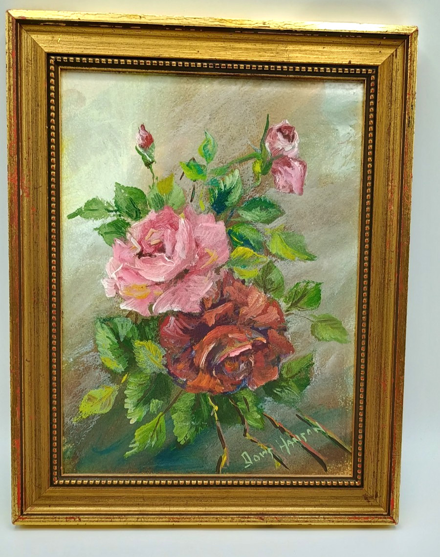 Vintage Original Floral Roses Acrylic Painting Gold Wood Frame Artist Signed