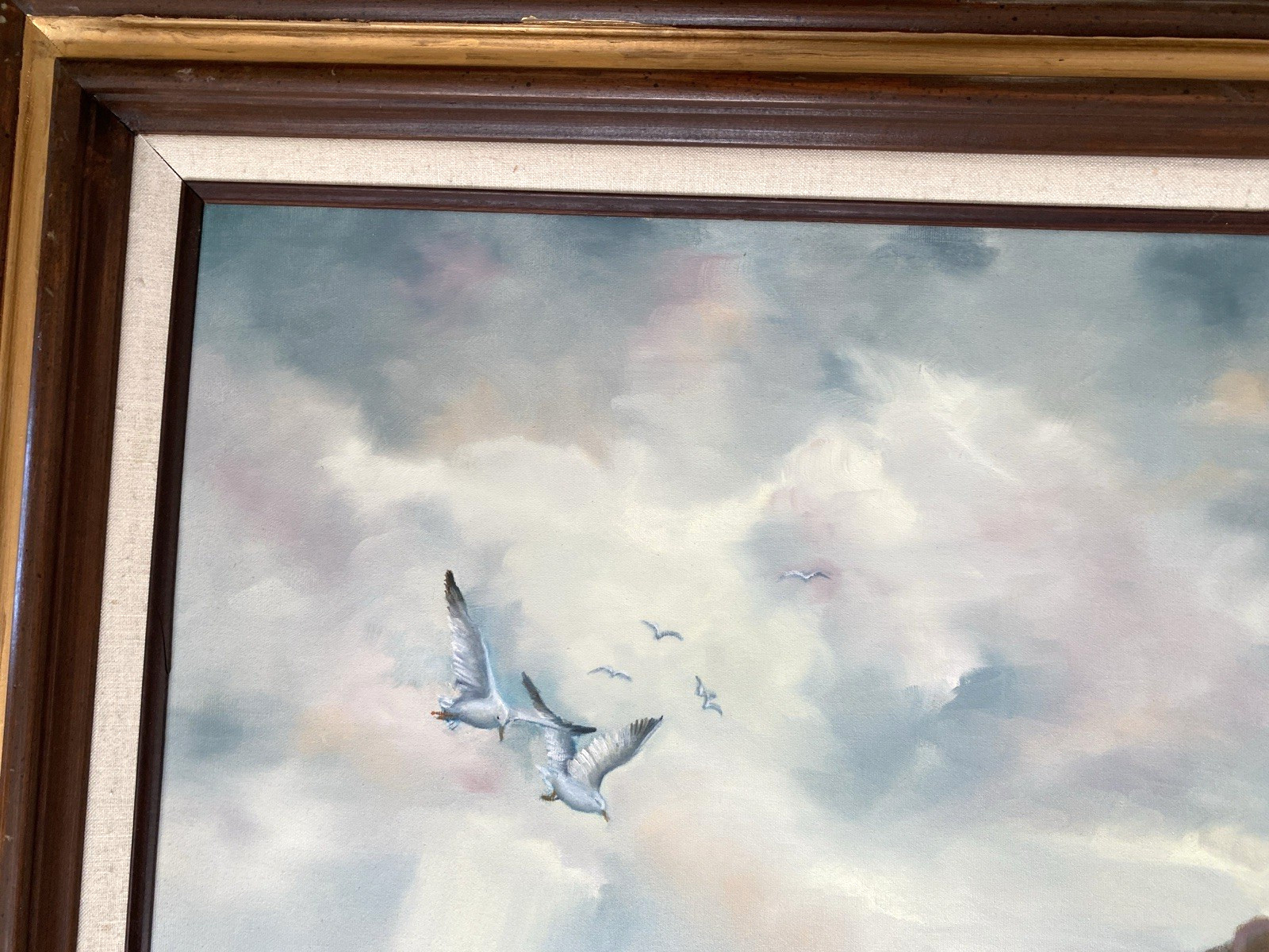 Painting Seascape Seagulls Beach Seashore MCM 26″ x 31″ Beach Waves Vtg (Read)