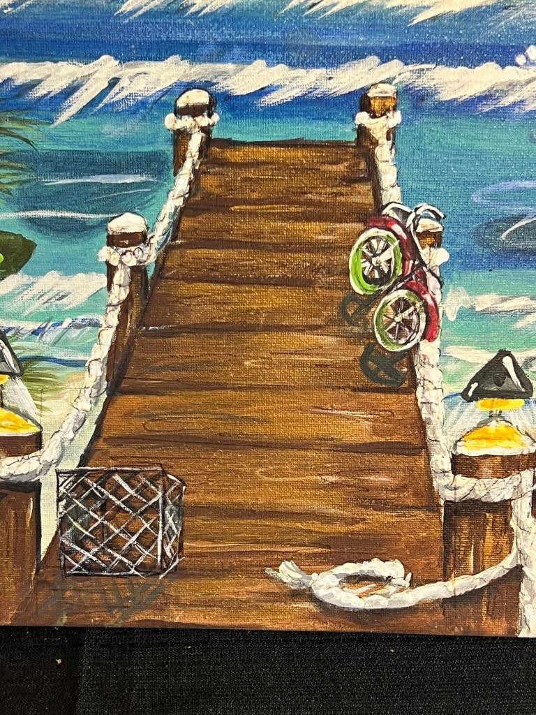 Vintage Nautical Beach Coastal Landscape Painting Seagulls Boat Dock Palm Trees
