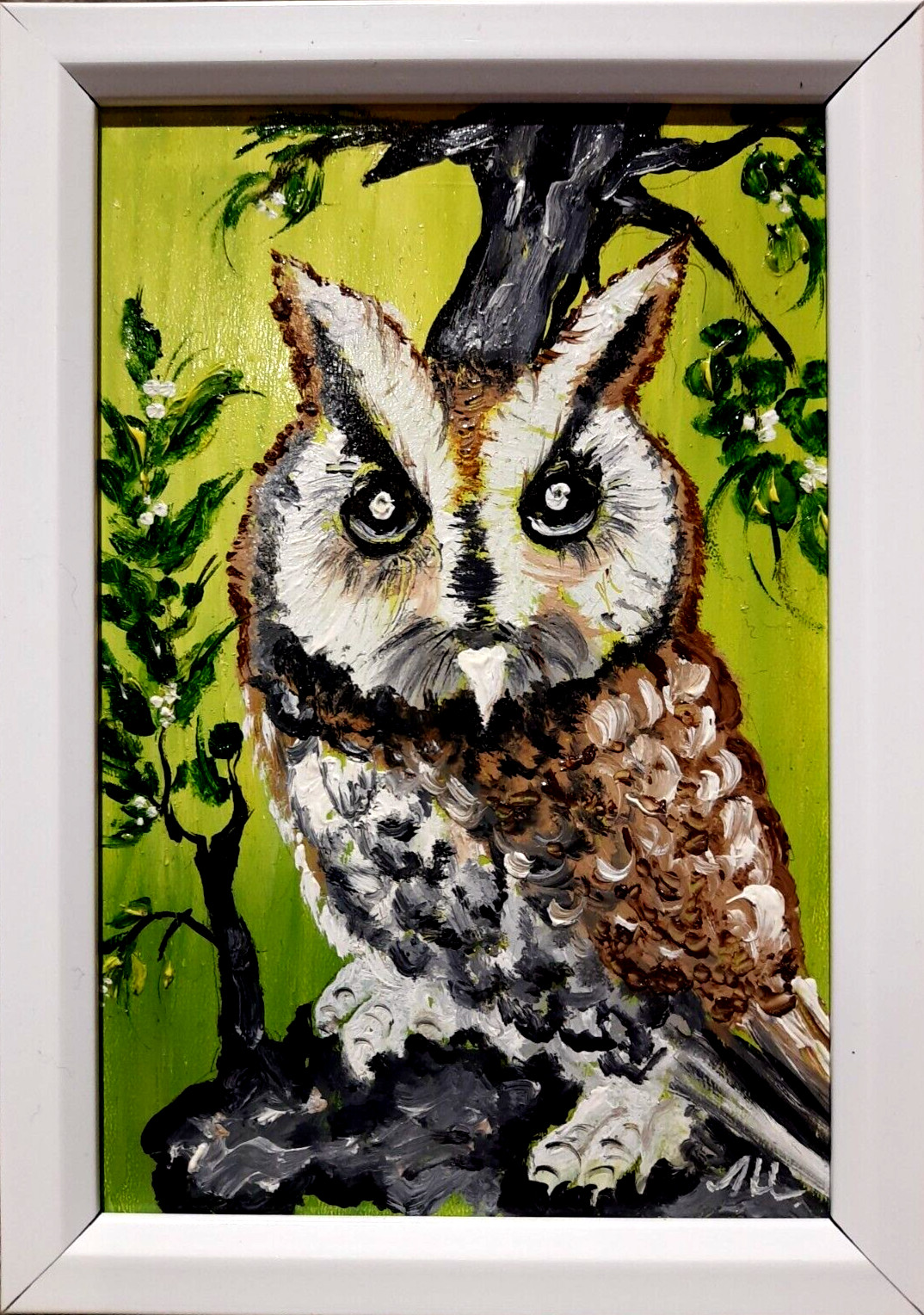 Oil painting by an artist from Ukraine. Owl in the forest on a tree. Mini art