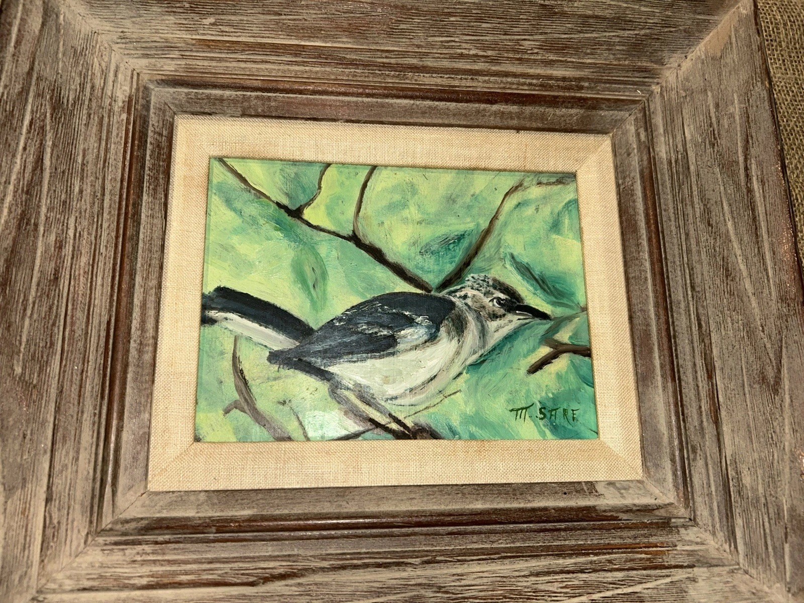 VTG Original Bird On Branch Mockingbird Signed M Sare 14.25”T 16.25”W Framed