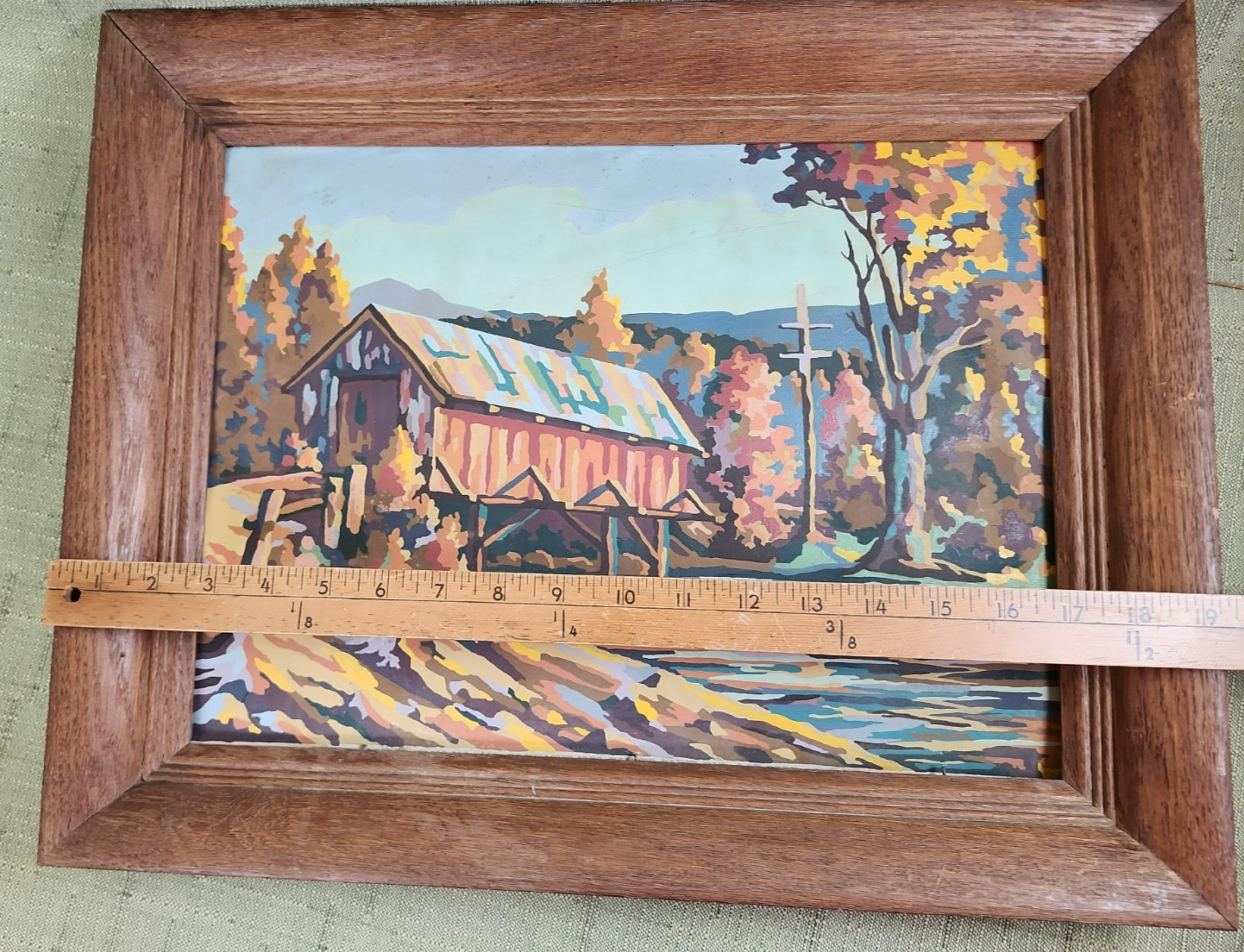 Vtg Wood Frame Fall Landscape Painting, Muted Colors, Covered Bridge in Autumn