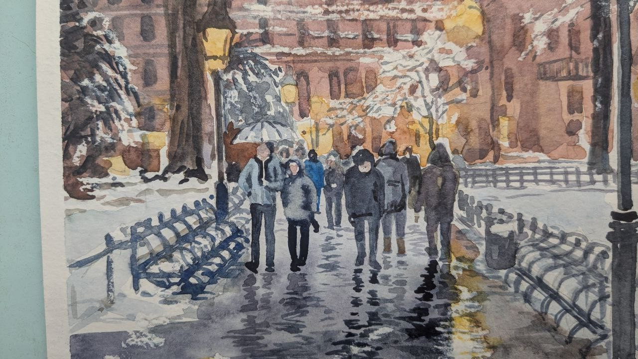 Urban Winter Evening City Watercolor Painting Snowy Road Street Lights A4 Art