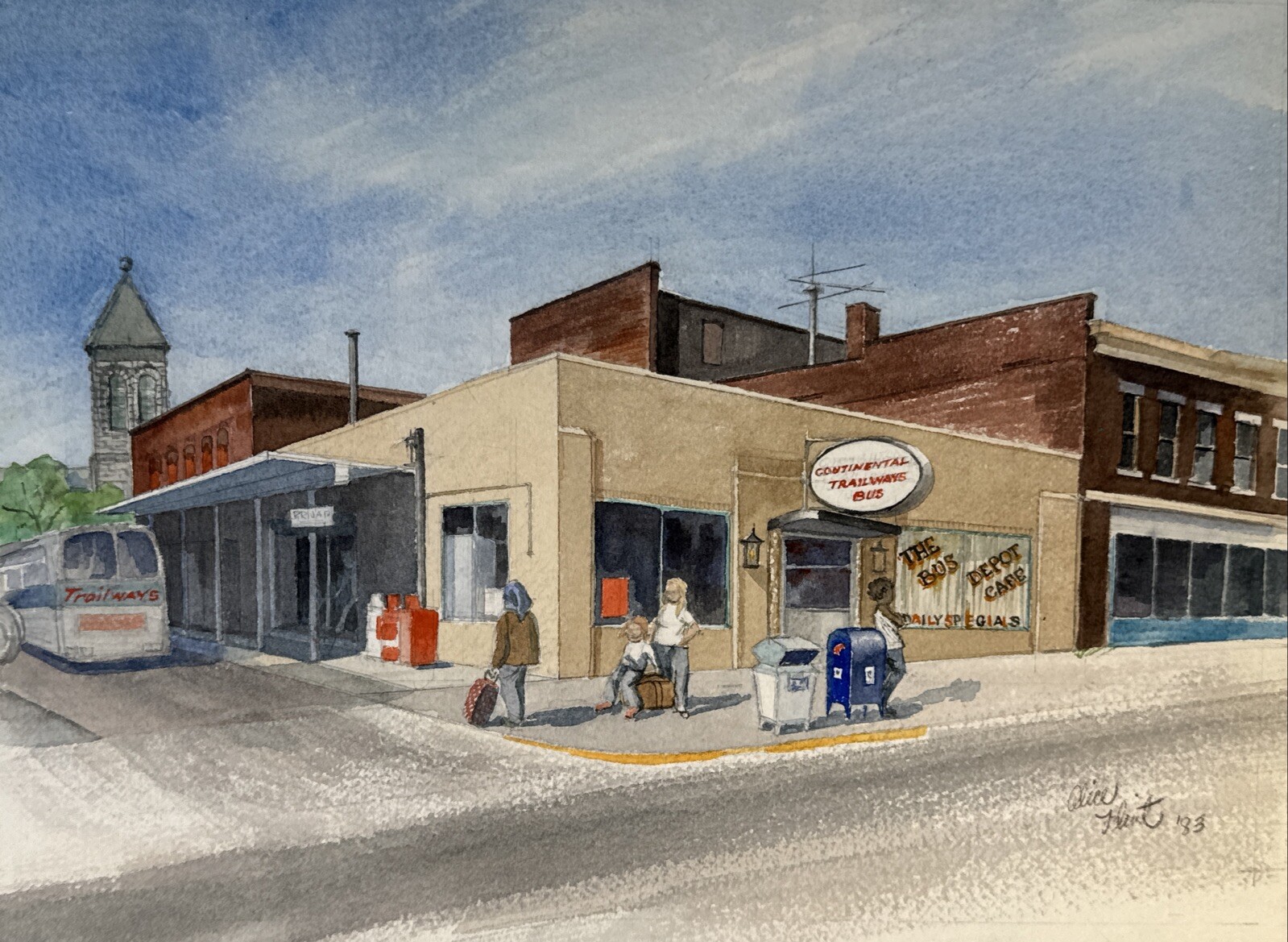 Alice Flint Watercolor Painting “Continental Trailways” The Bus Depot Cafe 1983
