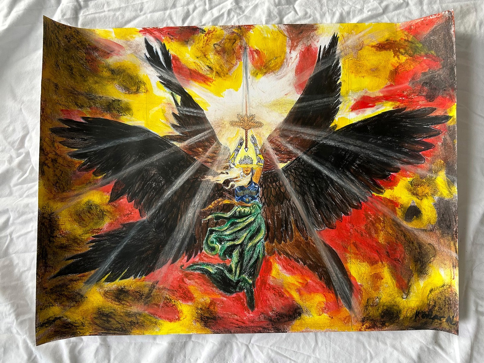 Painting Original Angel with Sword of Light 24x18in Acrylic Oil Pastel Pencil