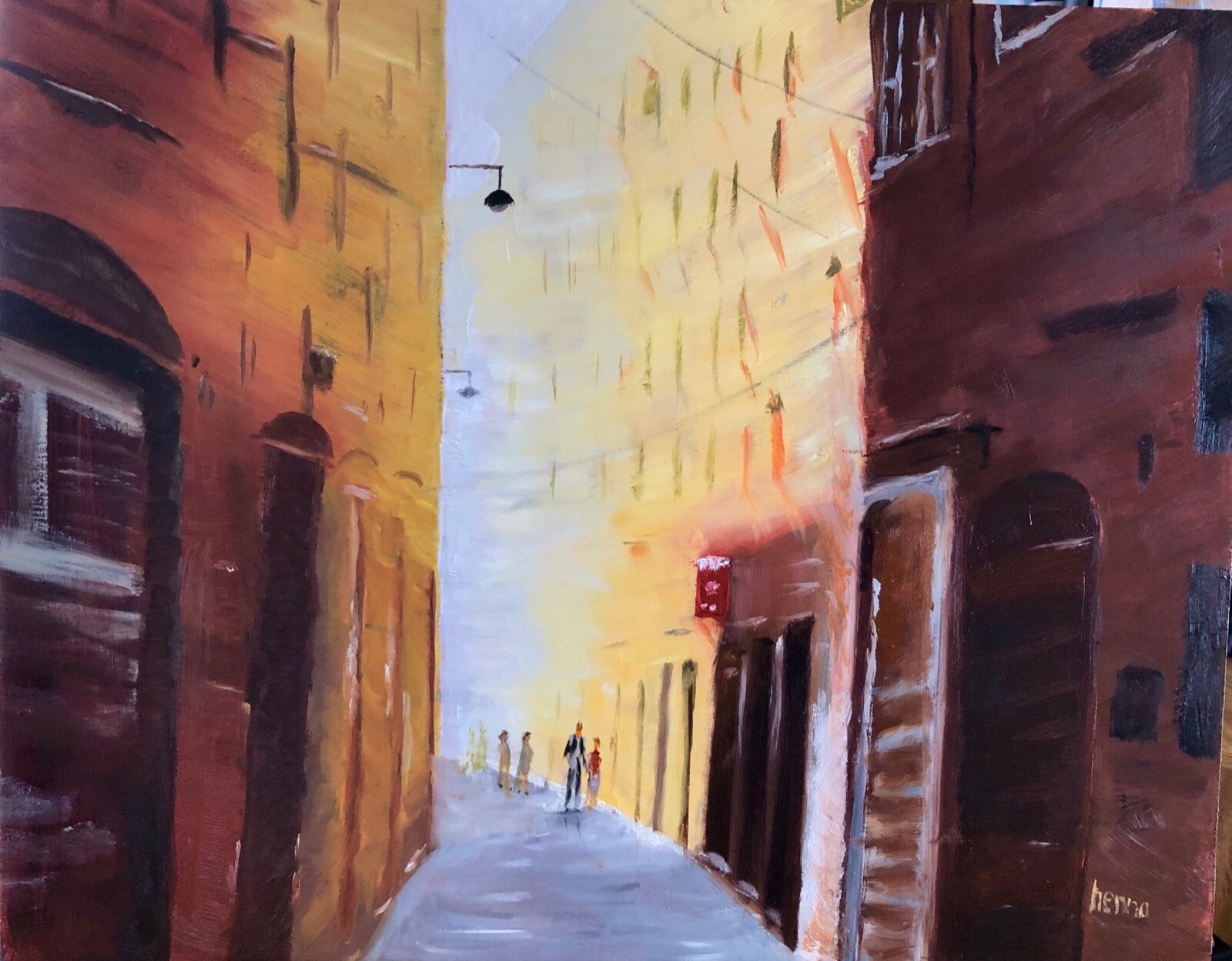 oil painting a stroll on a narrow street in Italy on hardboard, henna’s art 