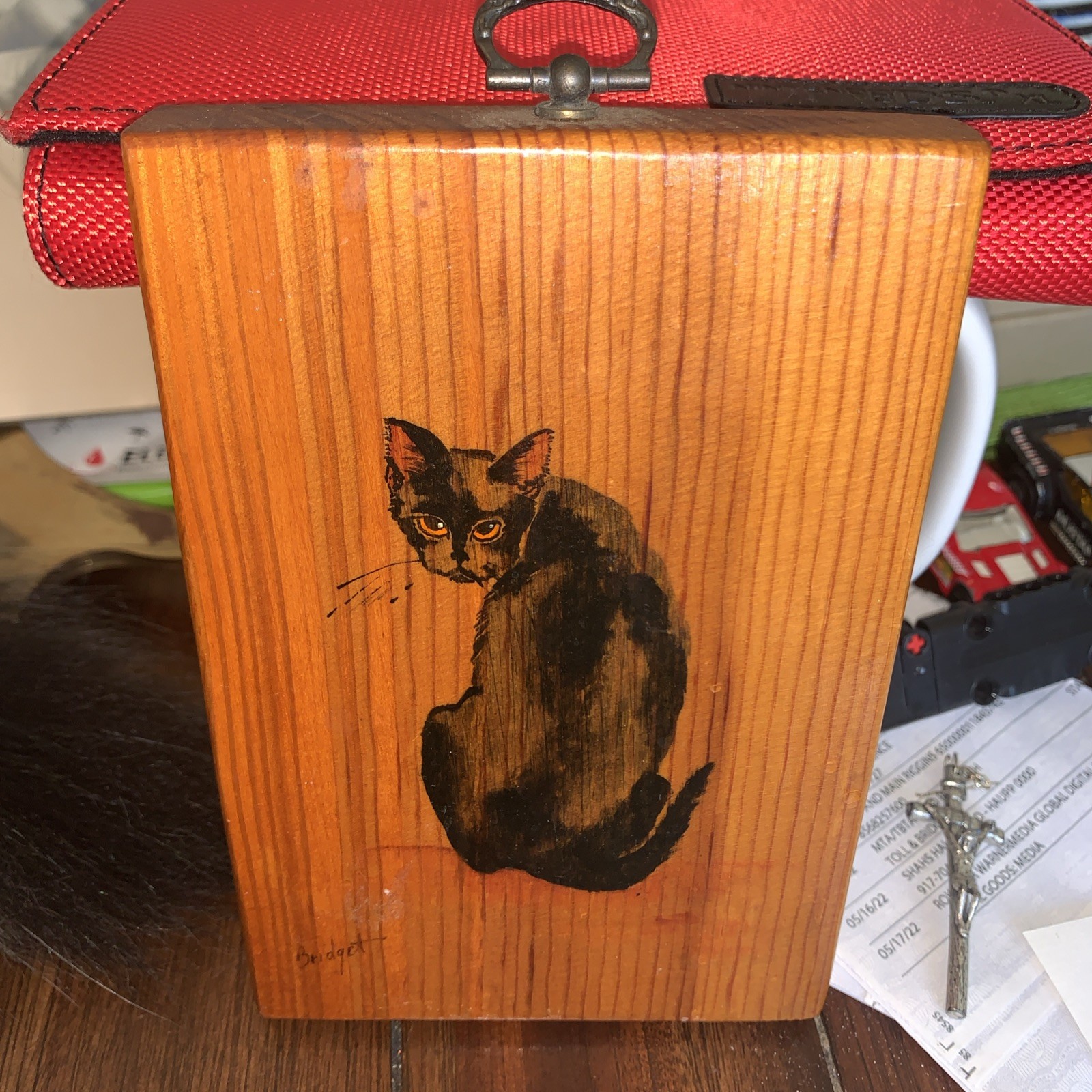 Antique painting of black cat sign Bridget on Wood charming hanger, it’s charmin