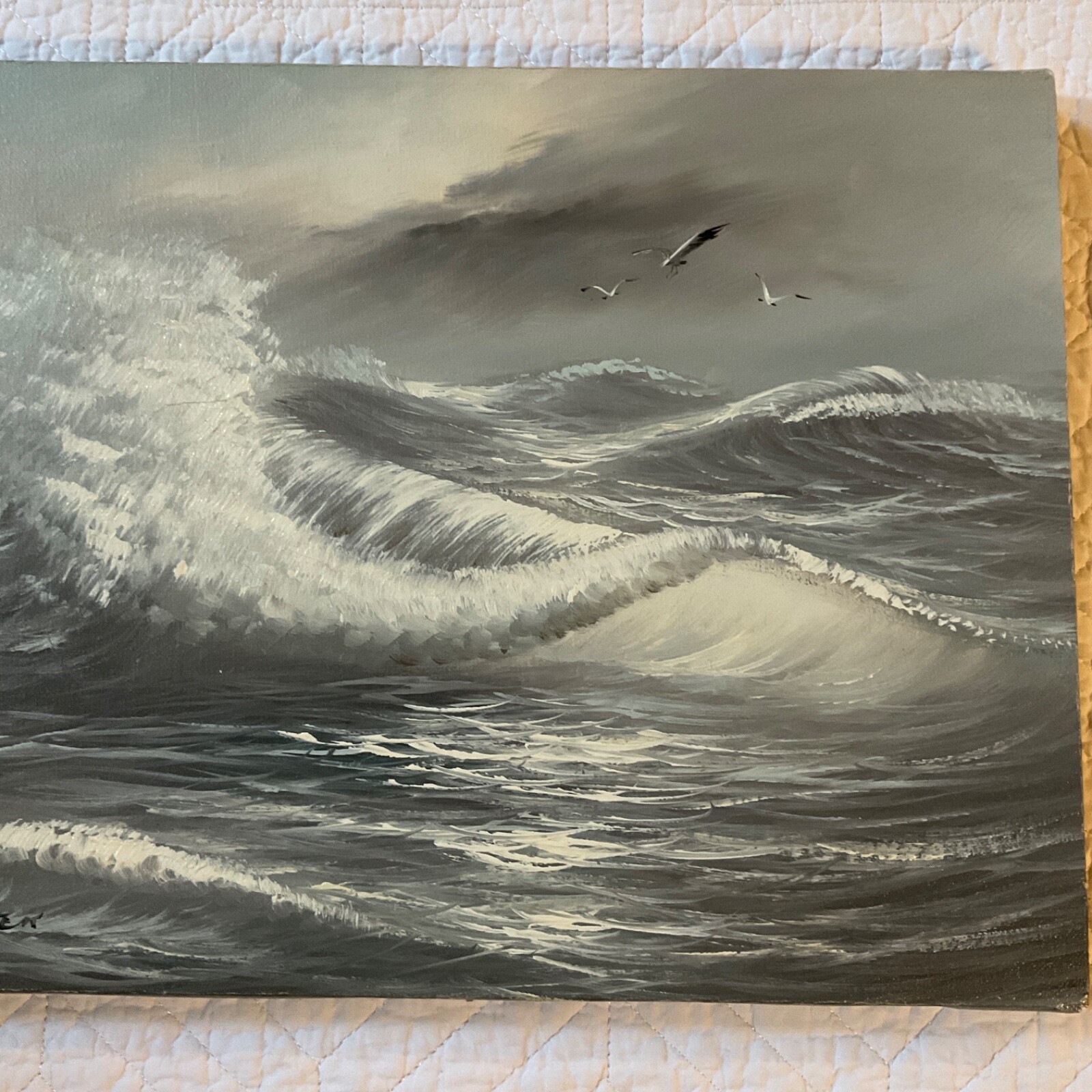 Vintage gray seascape ocean hand painted original PAINTING by Ellessen waves