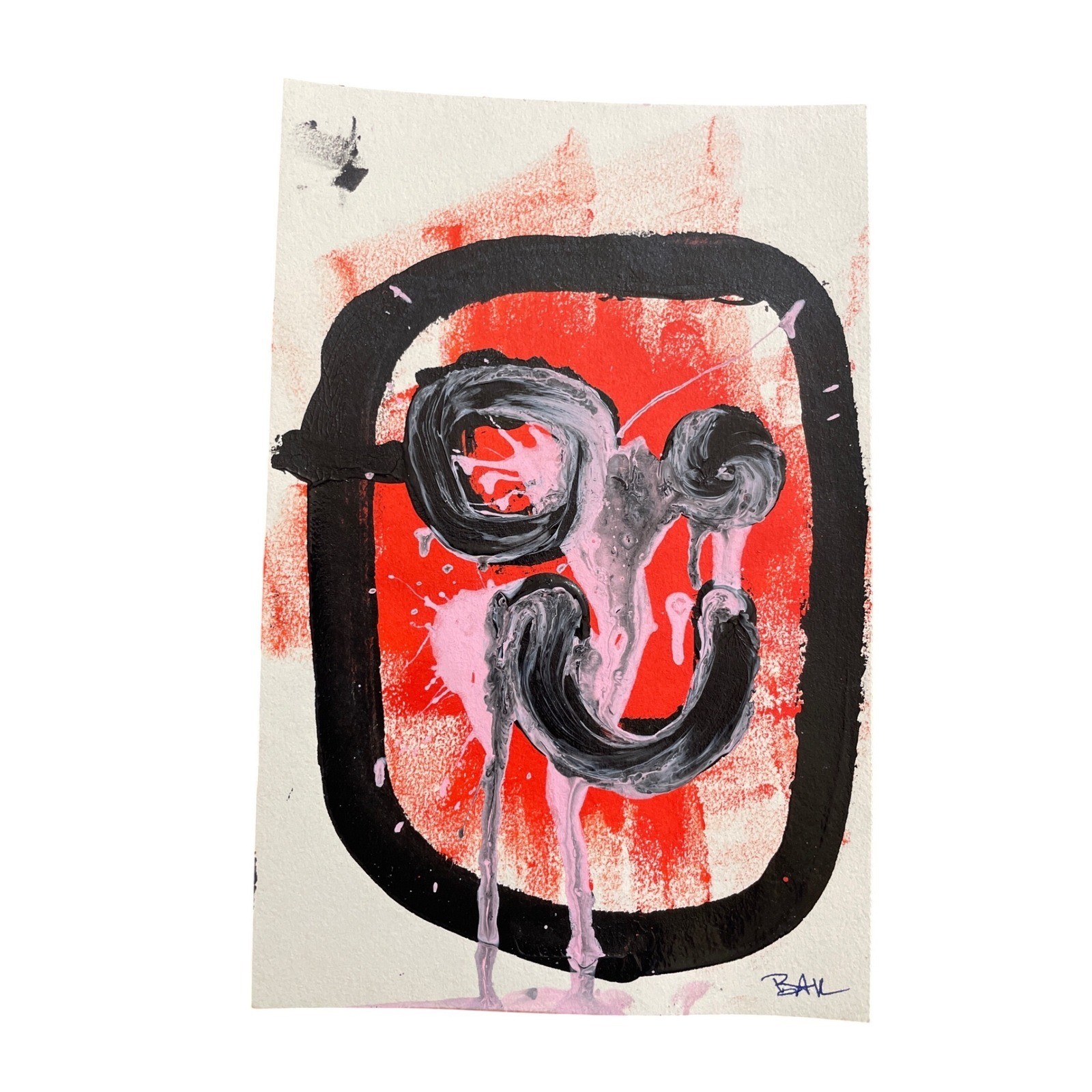 Original Abstract Expressionist Painting Red Black Pink Signed 5.5×8.5 Mix Media