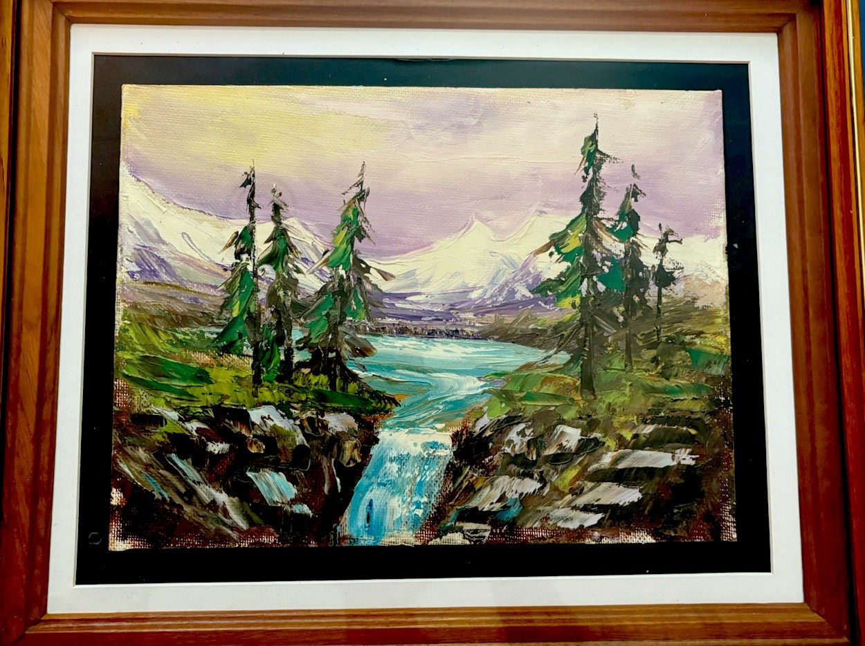 Original Oil on Board Snow Capped Mountain Waterfall Custom Framed 18in x 15in
