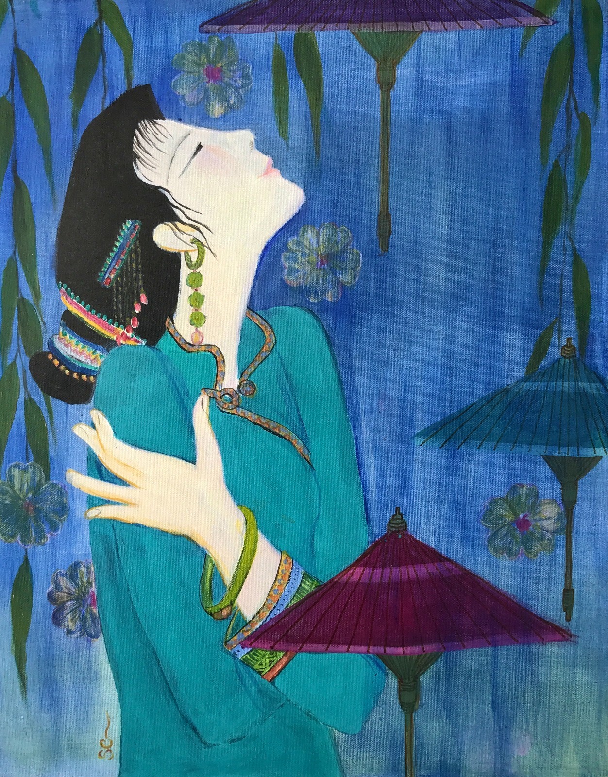 Original new painting, Asian female in Chinese dress with umbrella, blue color.