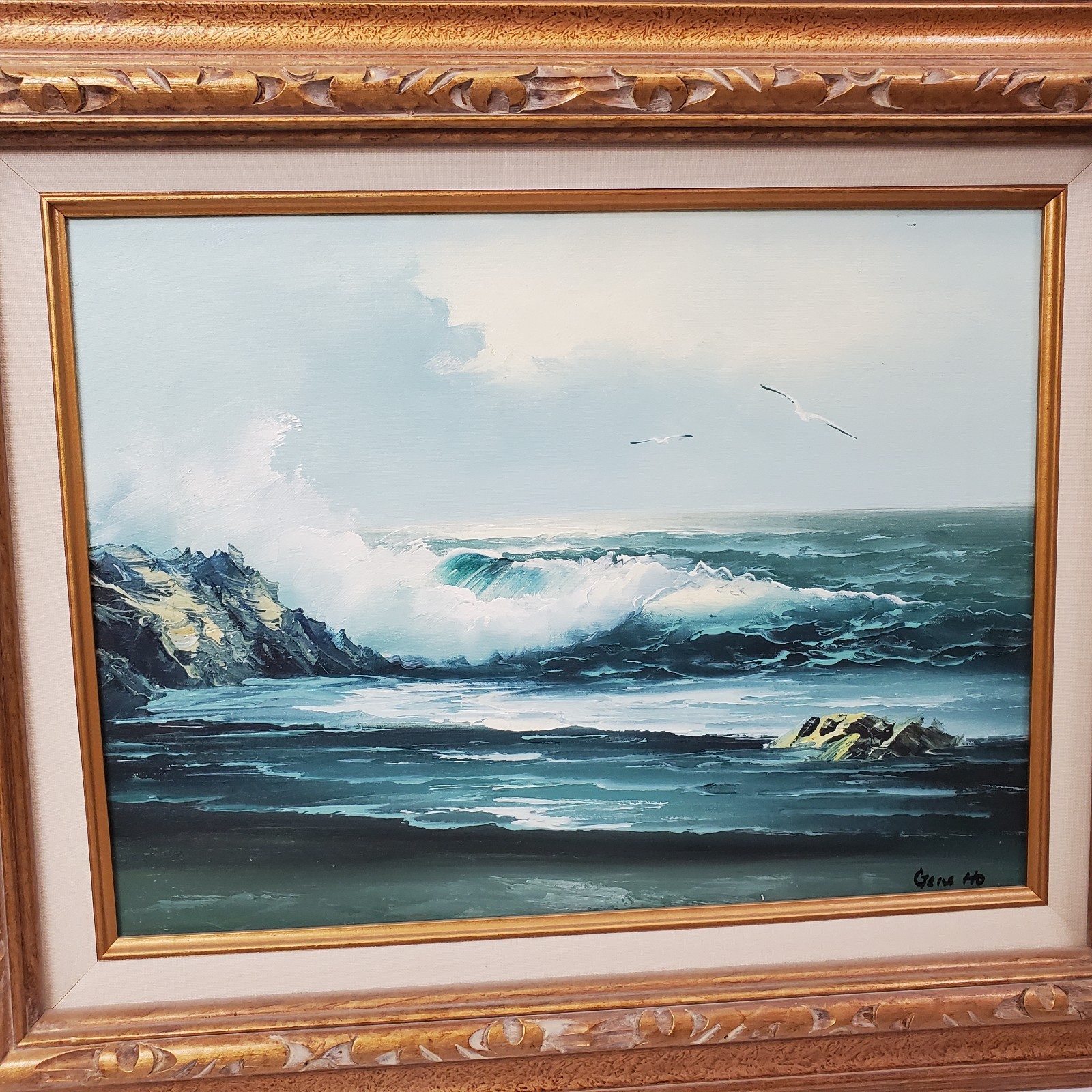 VTG Gene Ho Original Oil Painting Seascape Wave Ocean Art Framed 23.5×19.5