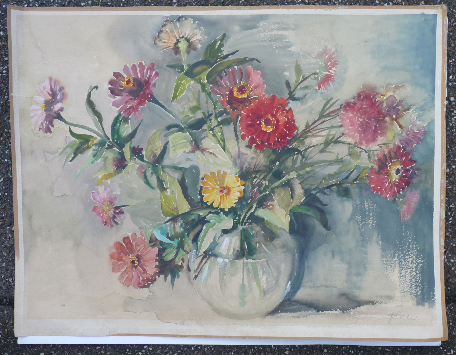 Watercolor Still Life Signed J Laible Gerbera Floral Vase Original Antique
