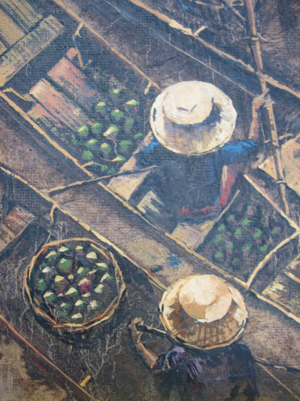 Vintage «The traders on the river» framed oil painting on board by AT