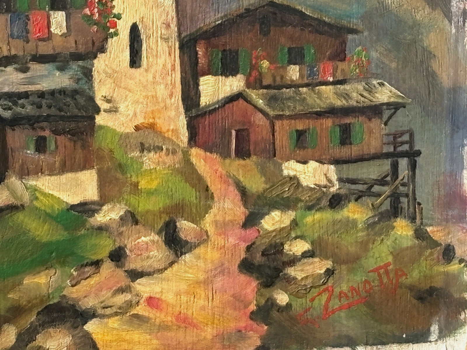 G. Zanotta Swiss Alps Village Mountain Range Landscape Impressionist Painting