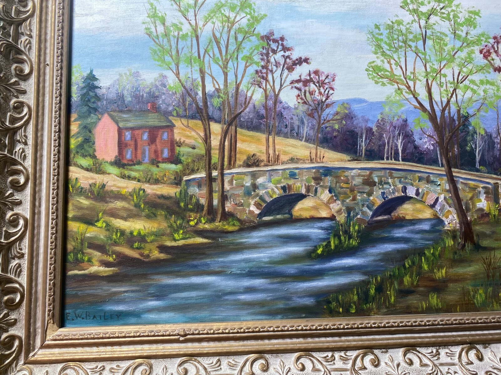 E.W Bailey «Stone Bridge And River Landscape Scene » Oil Painting -Signed/Framed