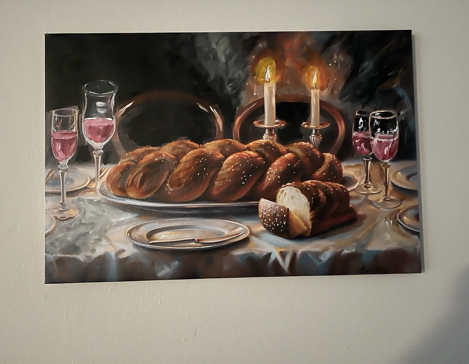 Shabbos Kodesh Original Jewish Painting Challah Wine Candles by Israeli Artist