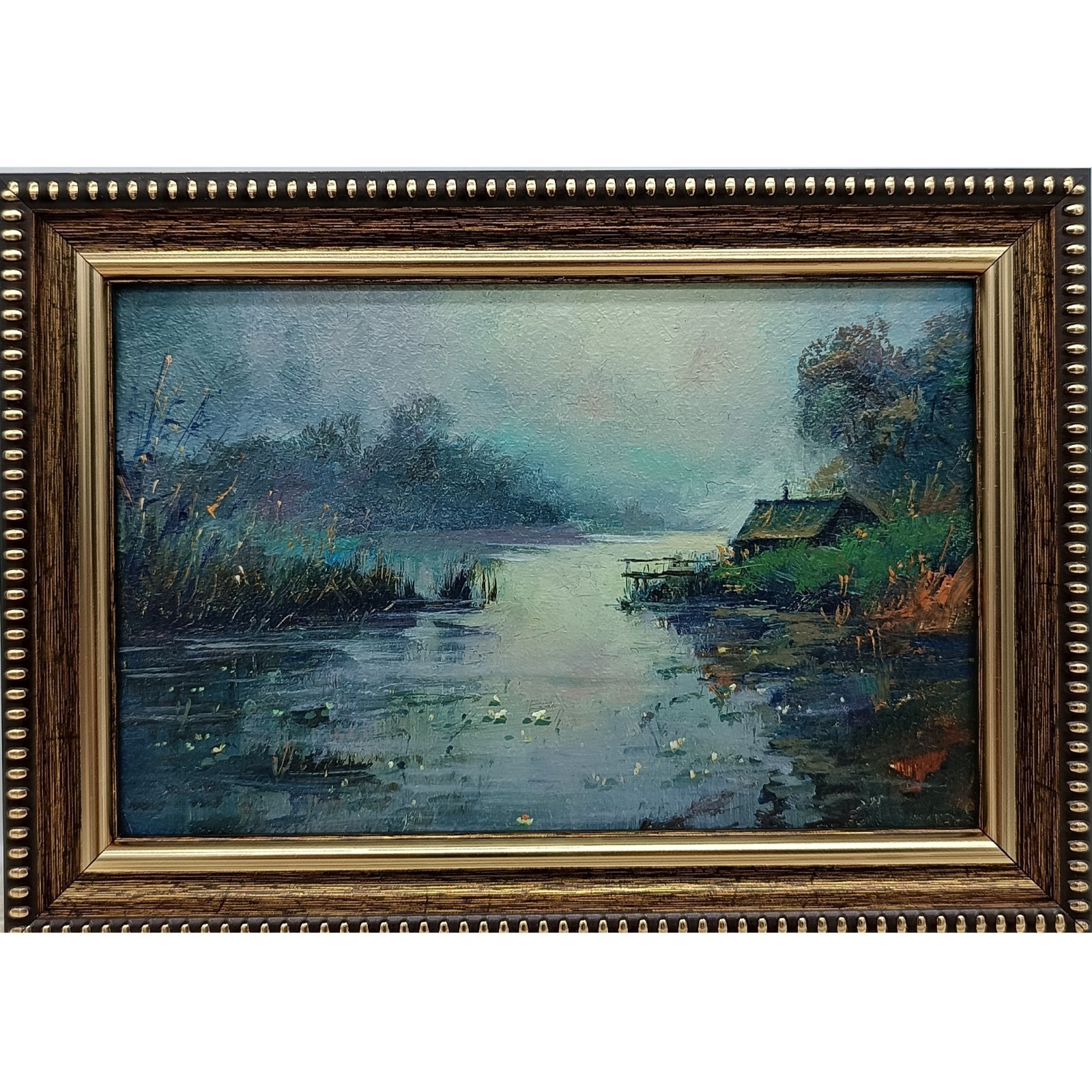 Forest Lake Sunset Oil Painting Signed Original Art Framed 6×4 inches