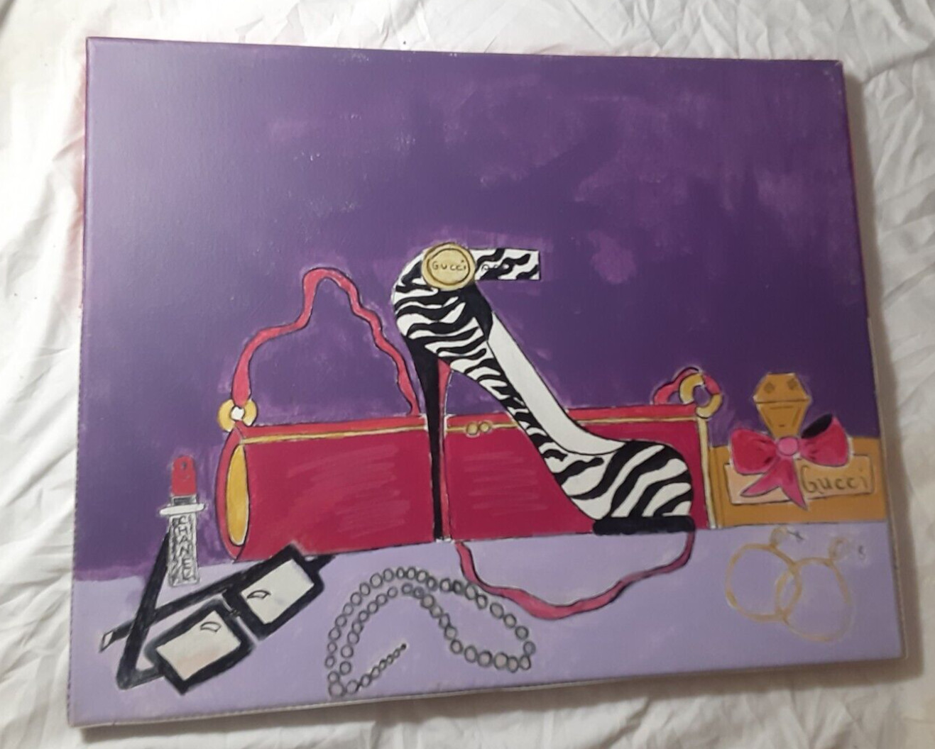 Original Hand-Painted Fashion Art Canvas – High Heel Purse Perfume Fashion 20×16