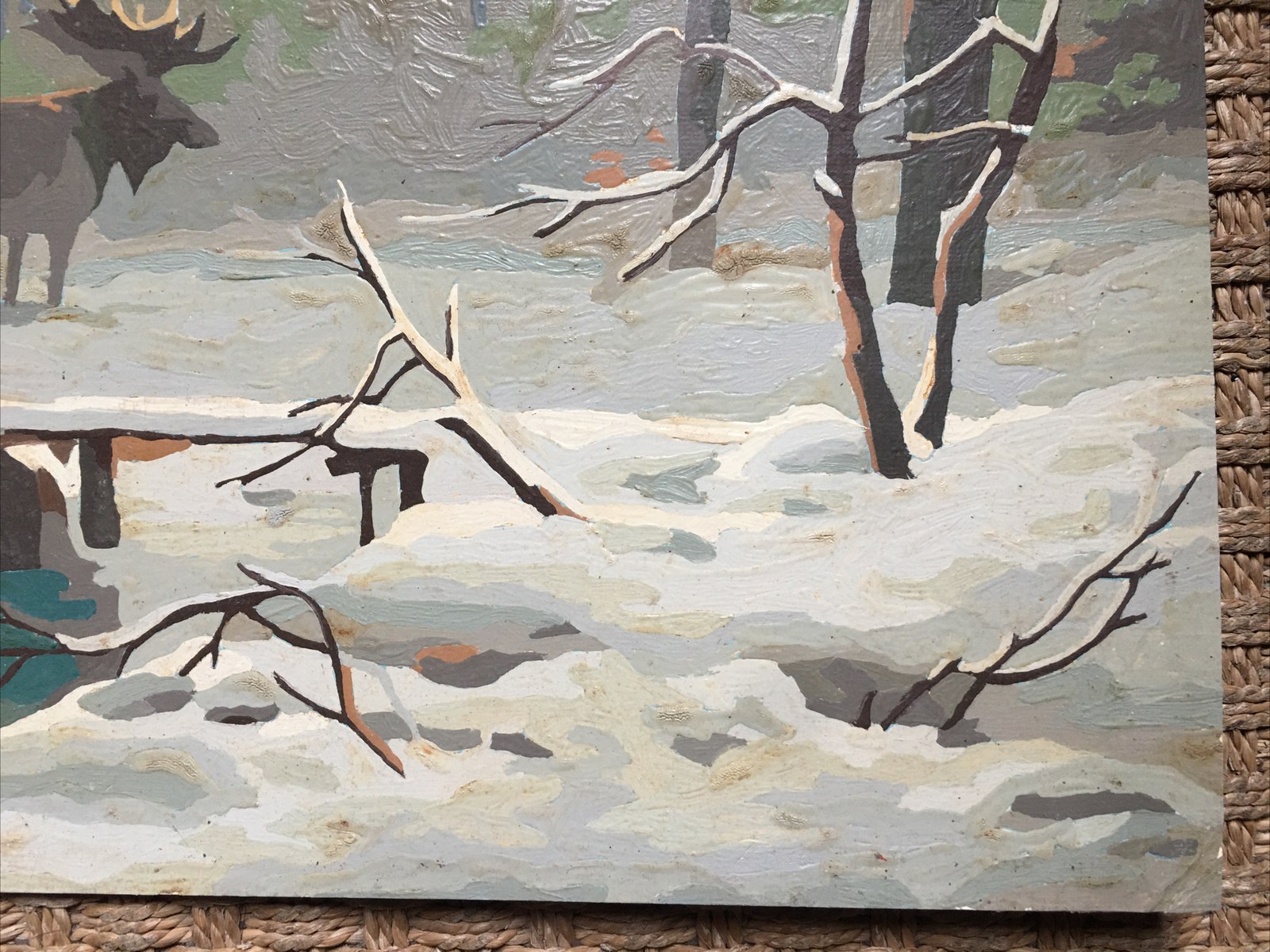 Elk In Snowy Forest Superb Large Original Gouache, Signed?