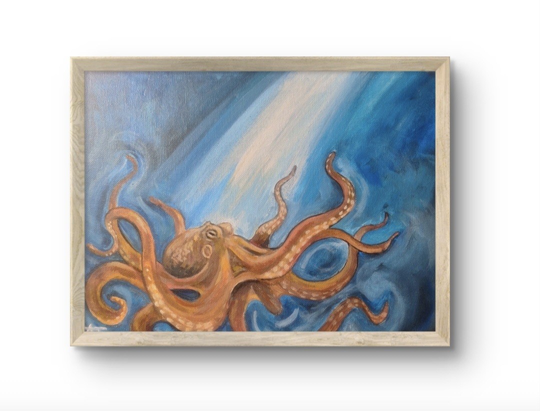 Orginal Deep Sea Octopus 9×12 Impressionist Acrylic Panel Painting