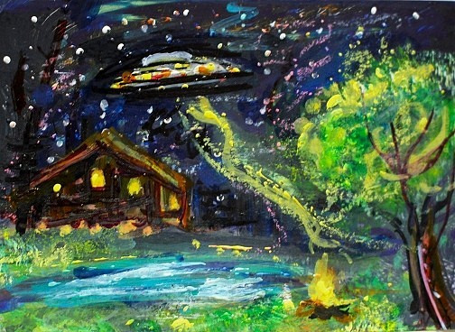 Original ACEO Painting CABIN & Spaceship Stars Night TREES Universe UFO ATC ART