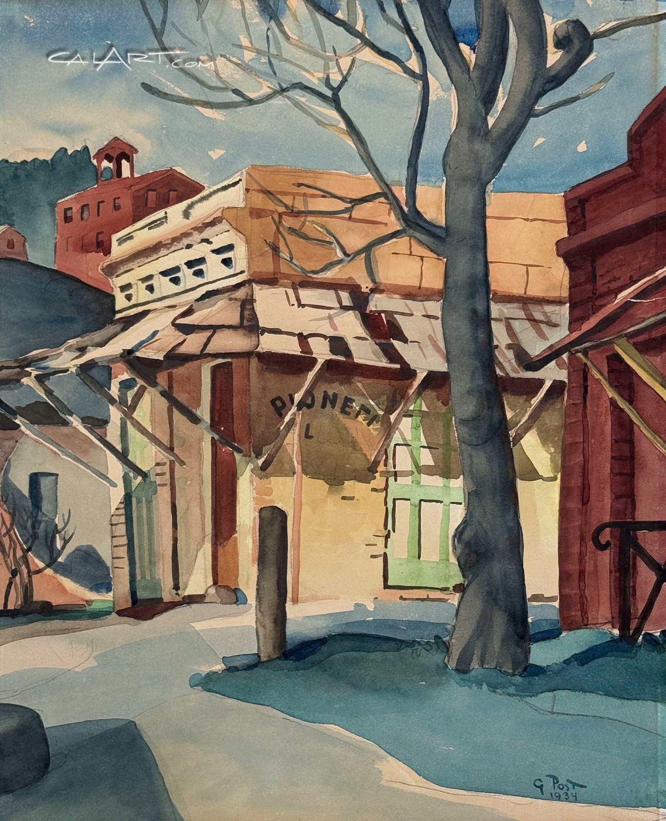 1934 GEORGE POST Painting of PIONEER SALOON in GOLD RUSH Town Columbia, CA
