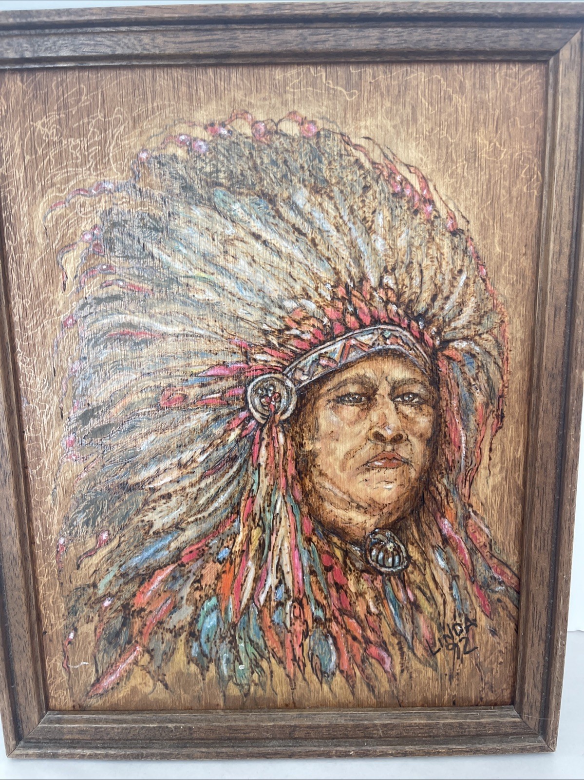 Native Sioux Indian Chief Etched Painting Sitting Bull On Wood 15×12” Vintage