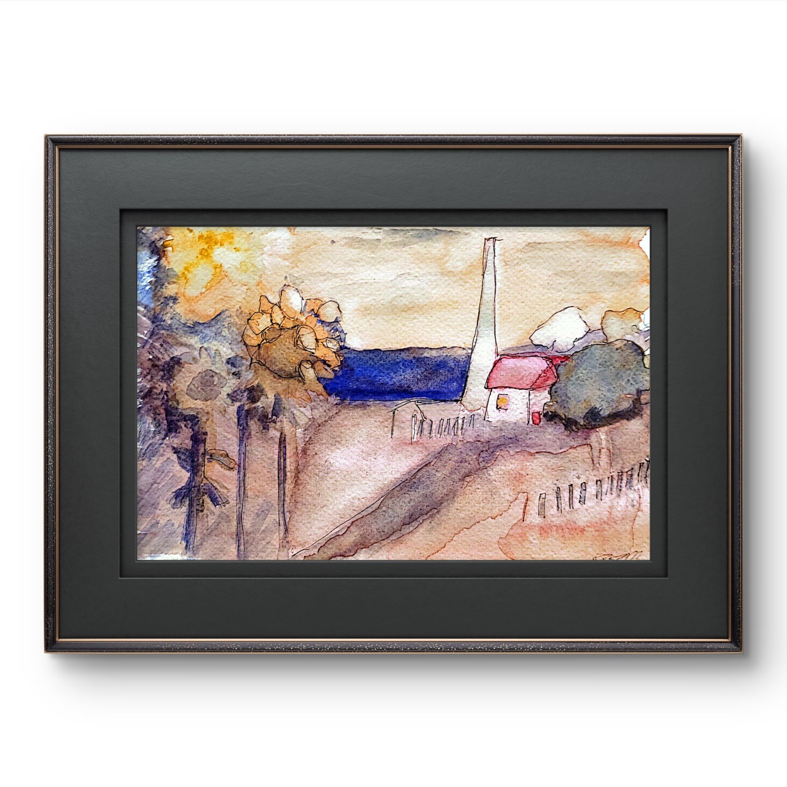 Country Side Contemporary Pop Art Watercolor Painting Signed