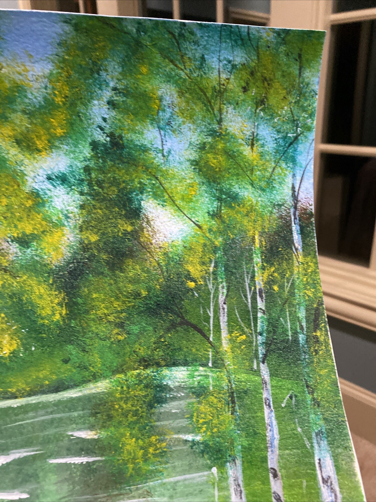 Birch Forest And River,landscape Abstract Acrylic Painting On Paper 10,5/13,5