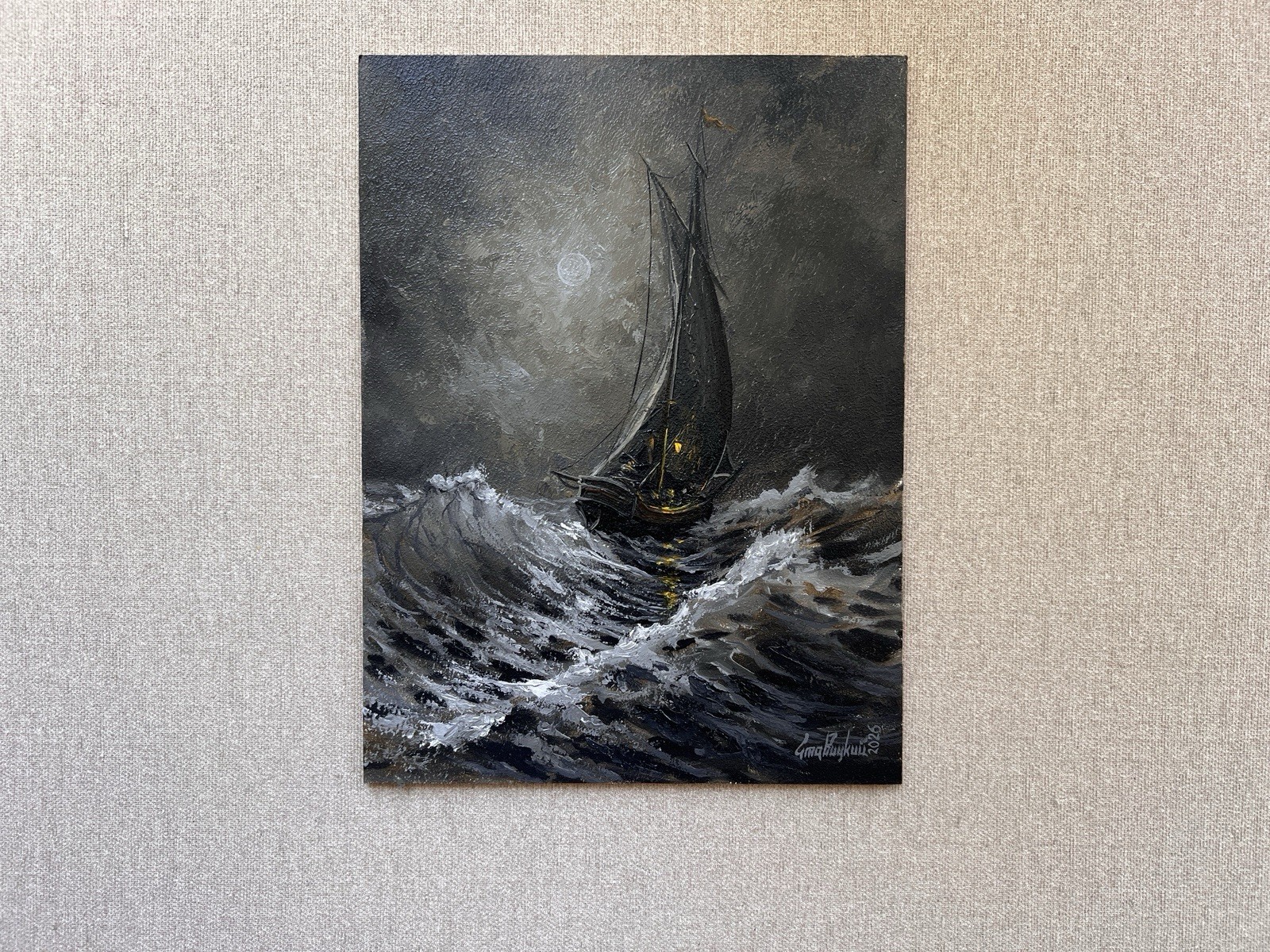Original Night Sailing Oil Painting, Tall Vessel Dark Moody Stormy Seascape Art