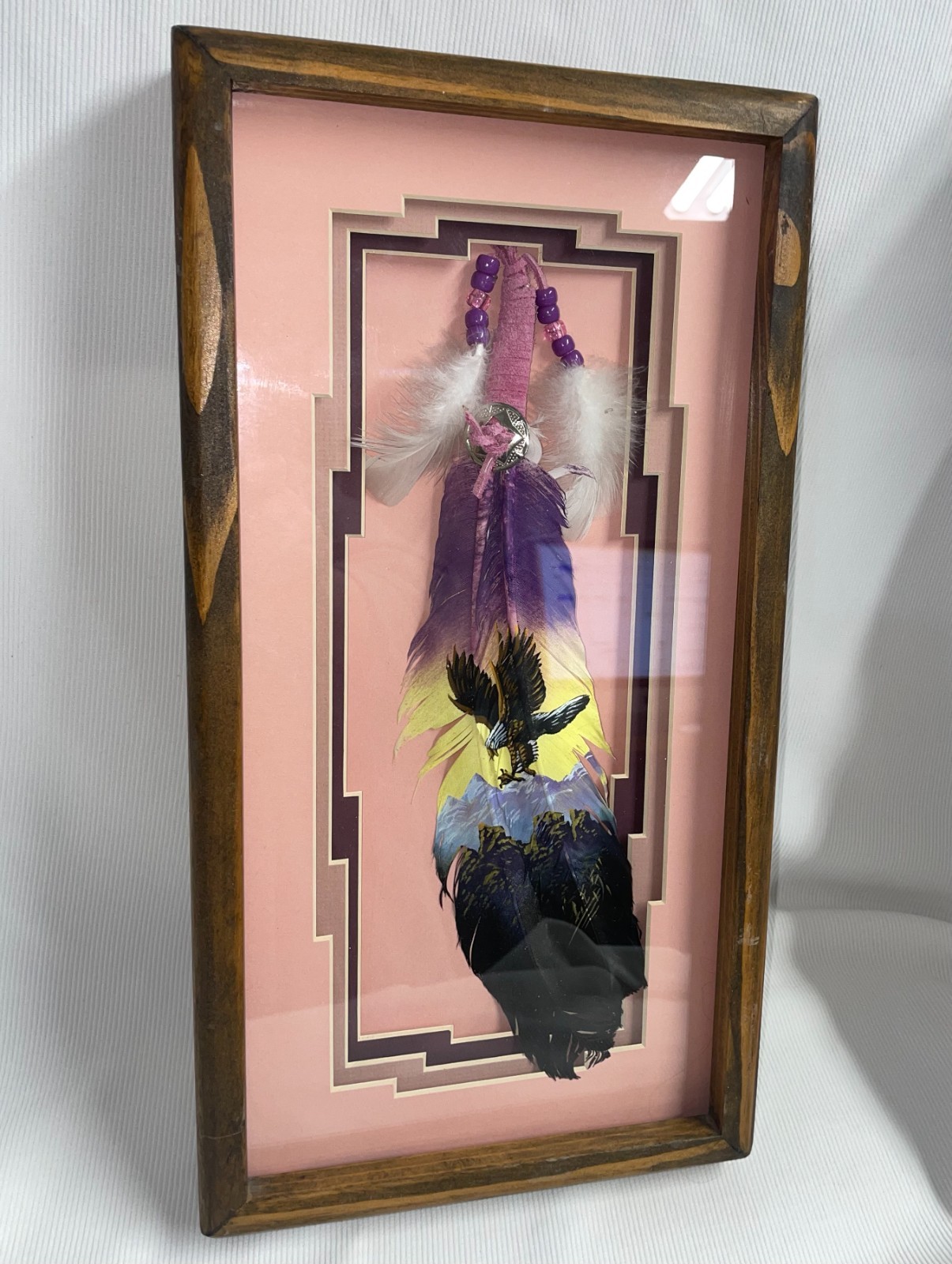 Hand Painted Flying Eagle On Turkey Feather W/ Leather Strips & Plastic Beads