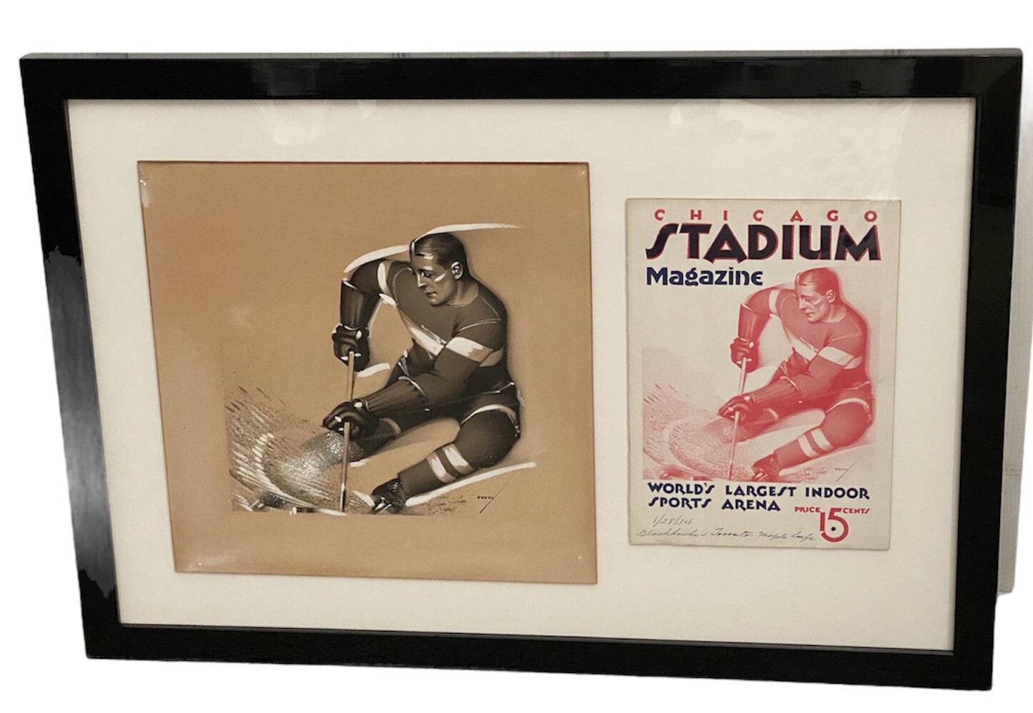 George Petty Original Painting Chicago Black Hawks NHL Hockey 1930’s W/ Program