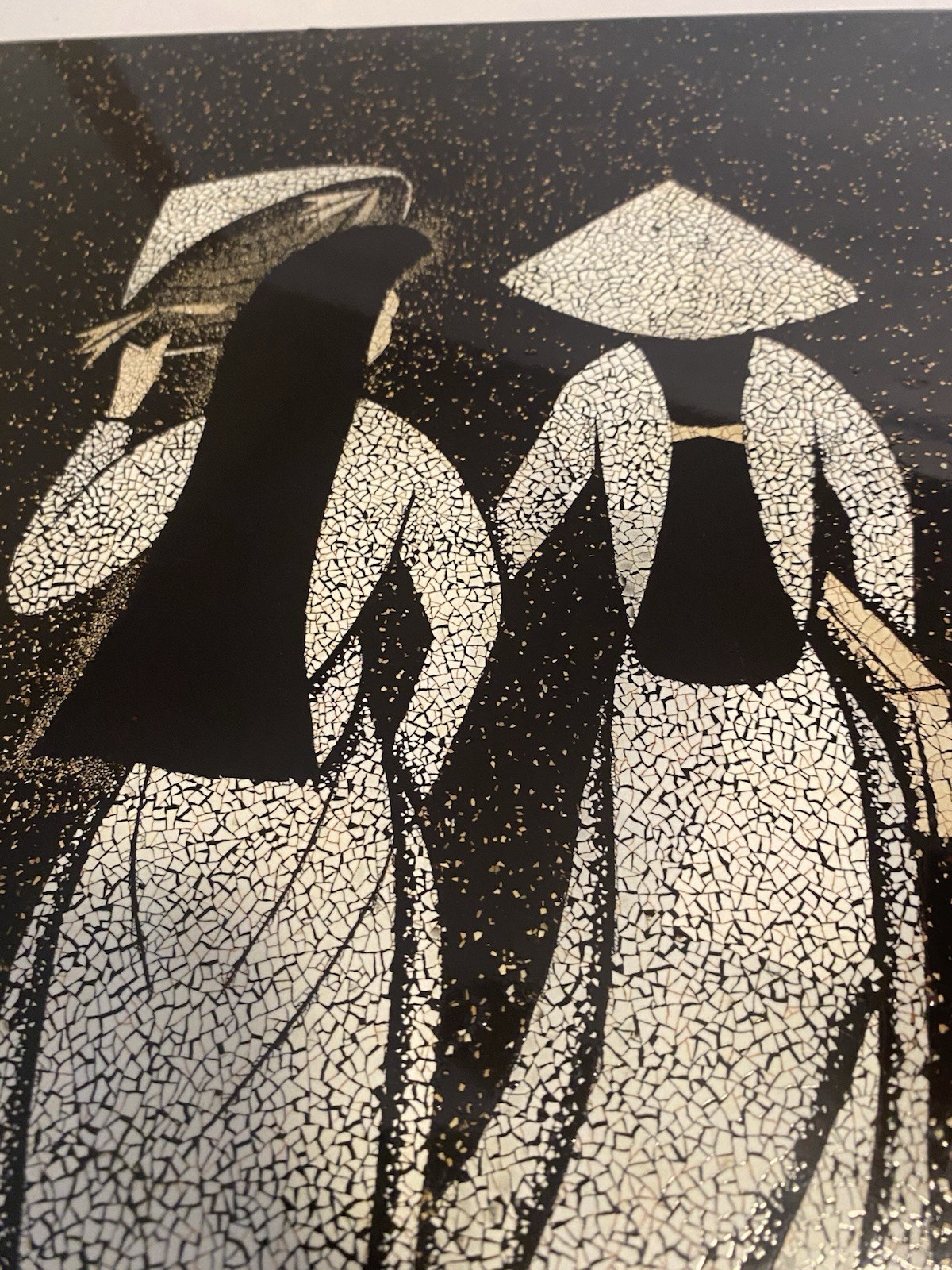 Vietnamese Crushed Eggshell Mosaic Black Lacquer Art Wall Hanging 2 Girls 12by16