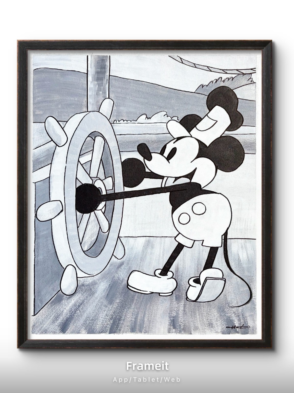 Original Steamboat Willie Painting By Alannah Dyer- Acrylic 16×20 in. Disney B&W