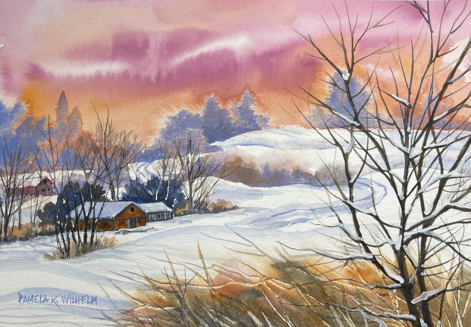 Pamela Wilhelm Original Watercolor & Ink Aurora Borealis Sky Winter Farm 6”x8”