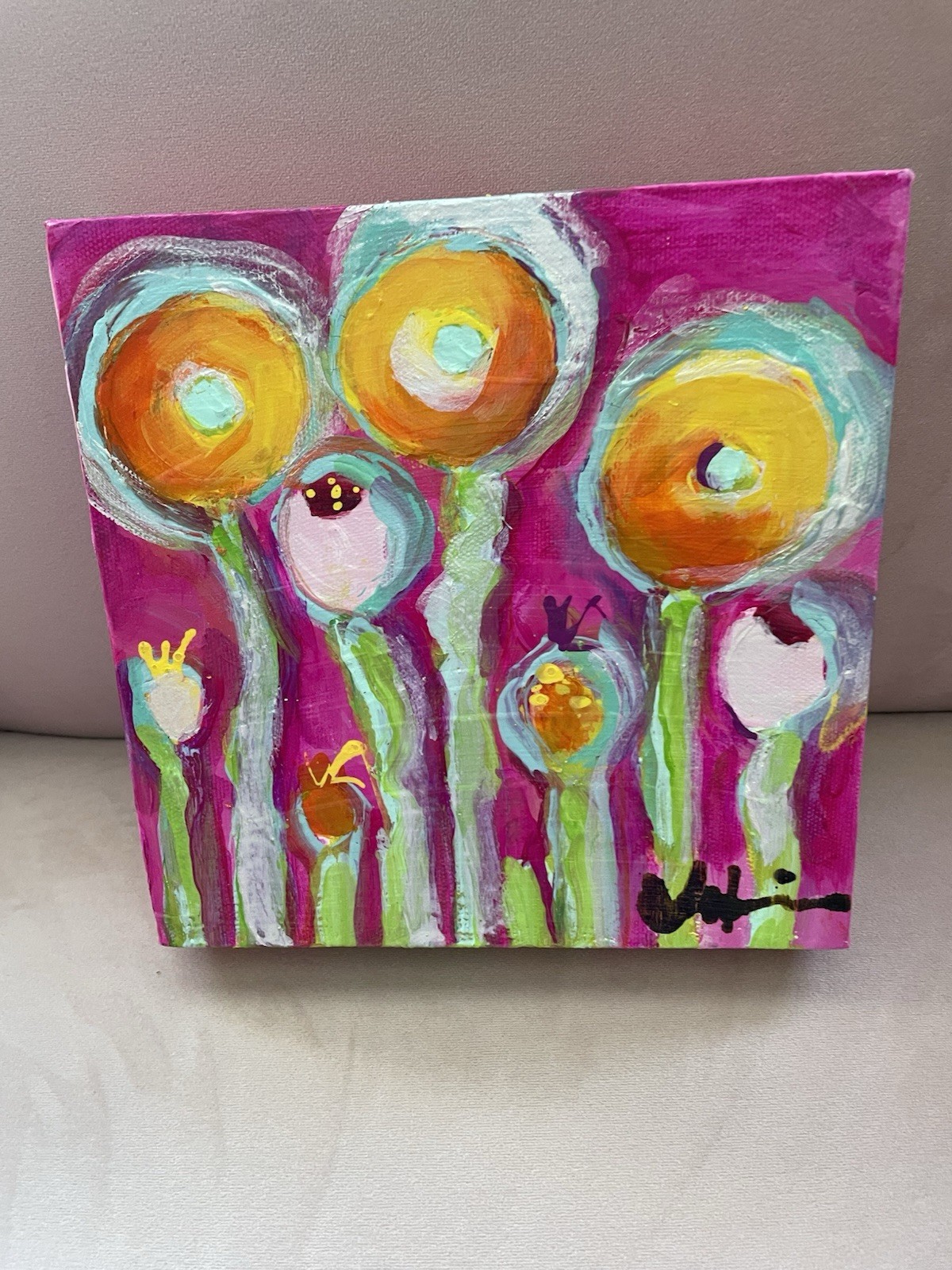 Poppies On Fuscia “ AnOriginal Acrylic Painting 8”x8”x1.5”On Canvas.