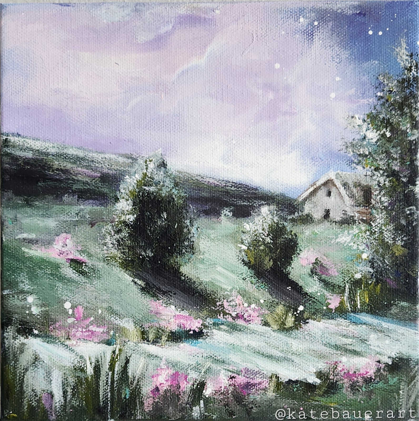 ORIGINAL Landscape Cottage In Meadow-Pink Flower-Night Sky-8×8″Acrylic Painting