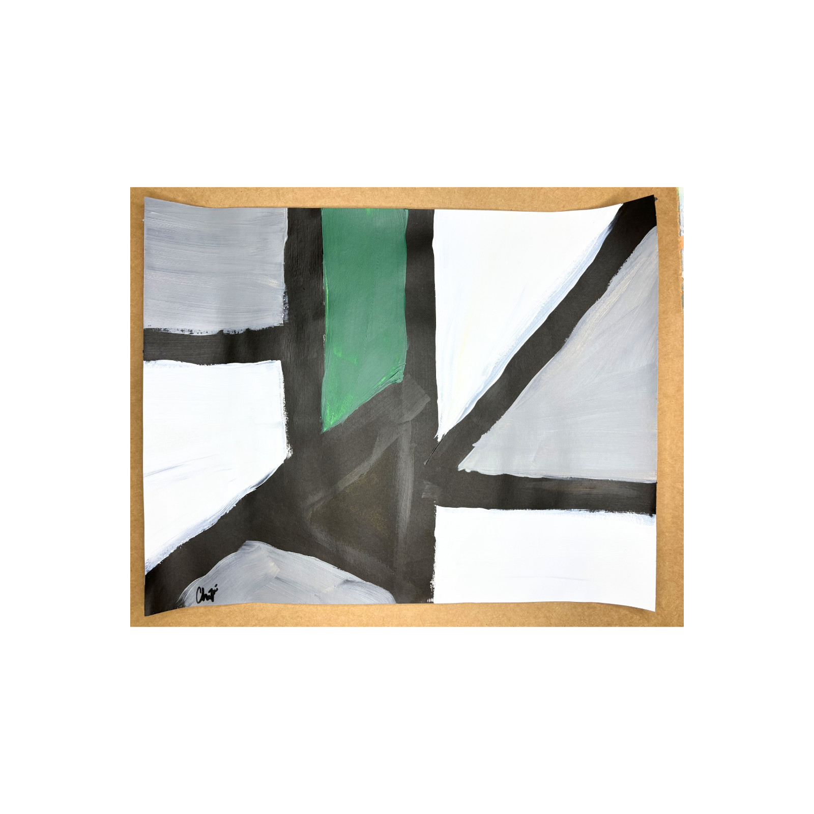 Geometric Abstraction 11×14 Green, Gray, & White Original Hand Painted Paper