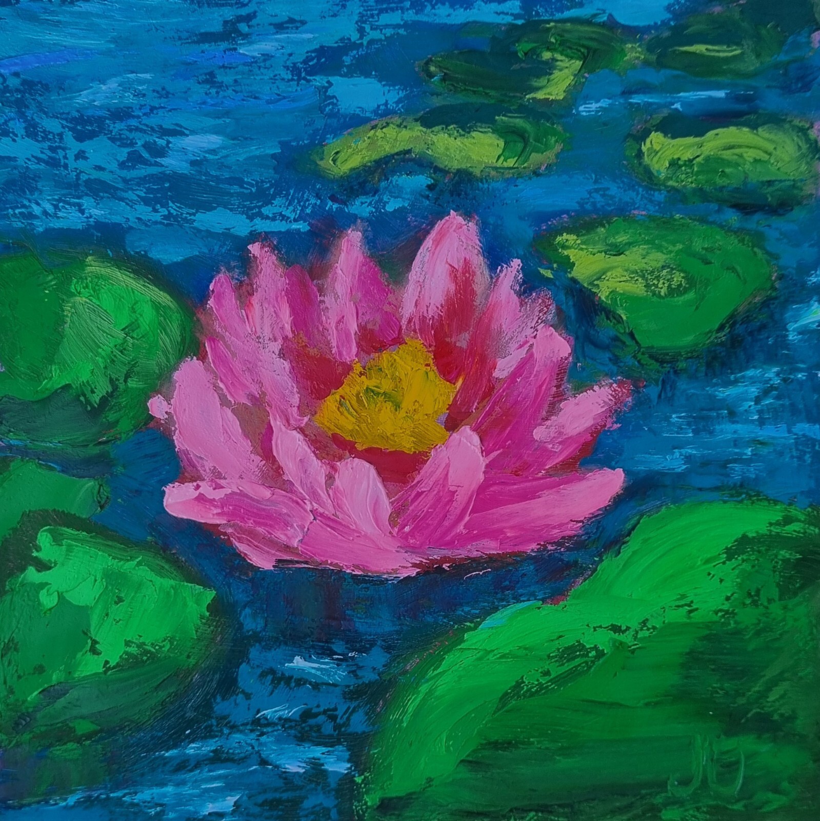 Pink Water Lily Oil Painting | Original 8×8 in Impasto Wall Art | Pond Flowers