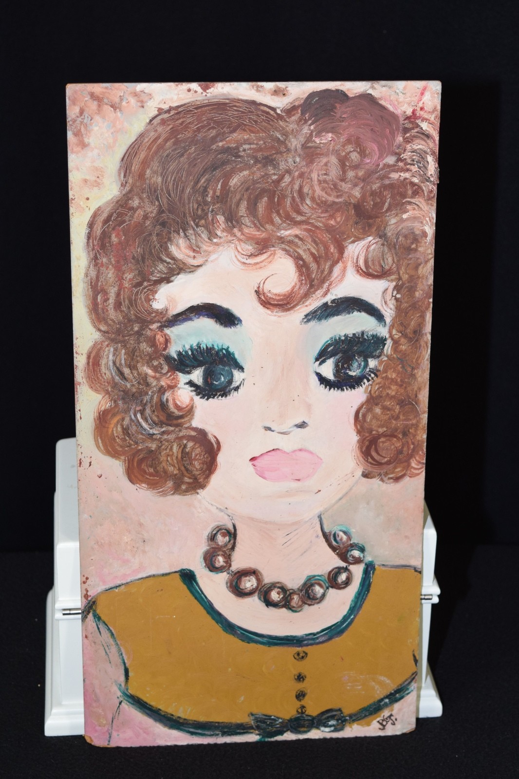 Vintage Painting Curly Short Hair Big Eyes 60’s 70’s Looking Lady Gal 16 x 8