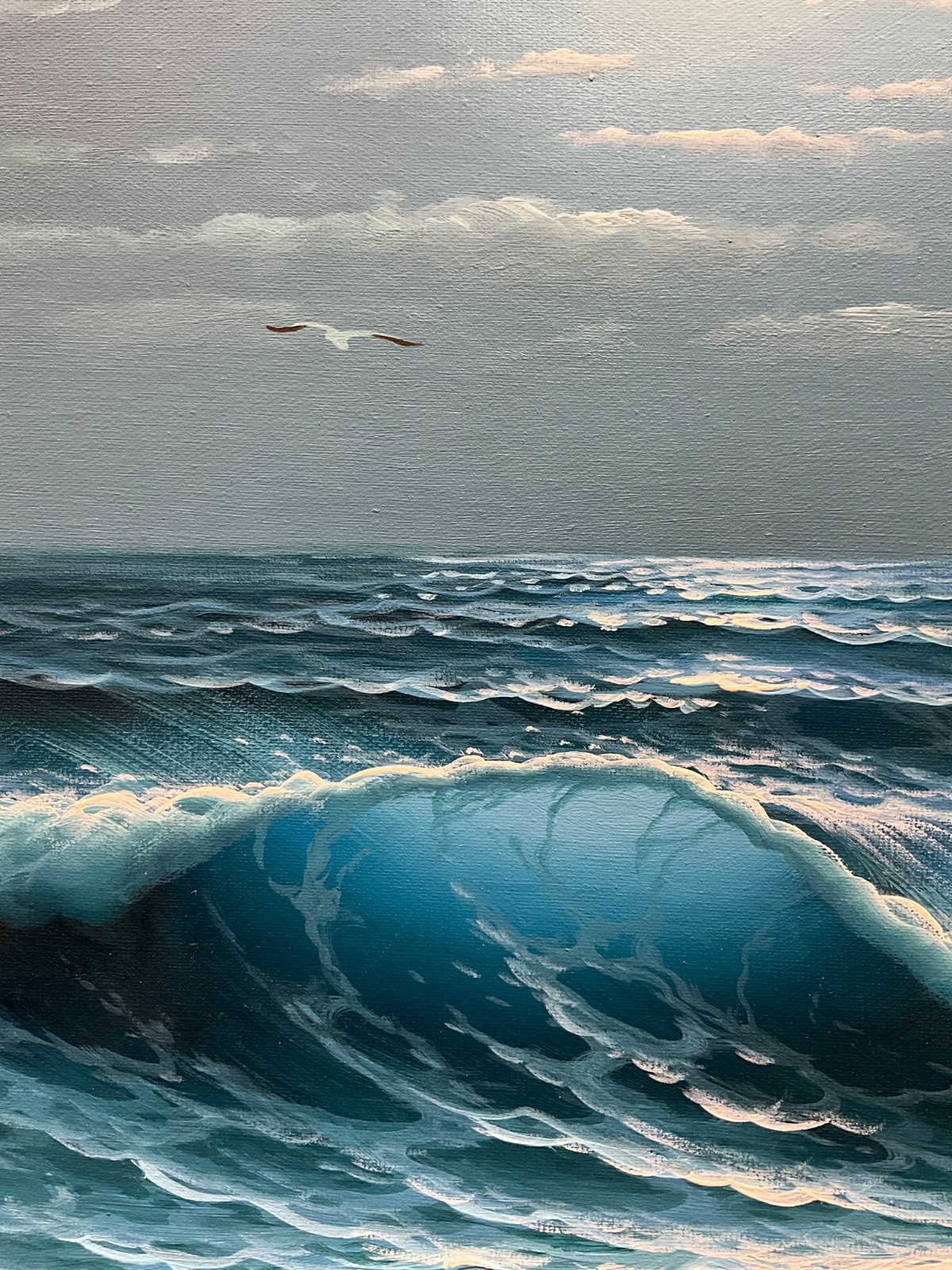 Oil Painting 24×36″ Ocean waves falling under night sky, lighthouse, seagulls