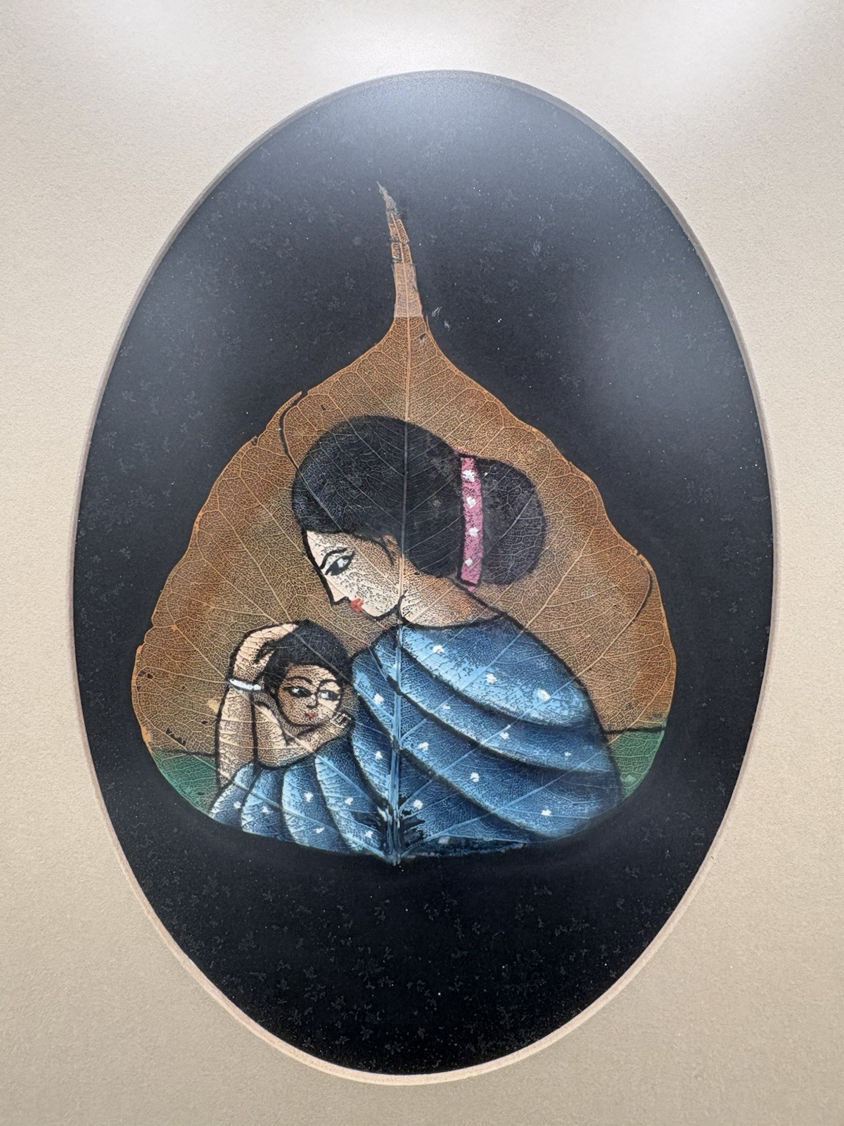 Hand Painted Framed Pipul Tree Leaf Art Mother And Child India 8 x 10