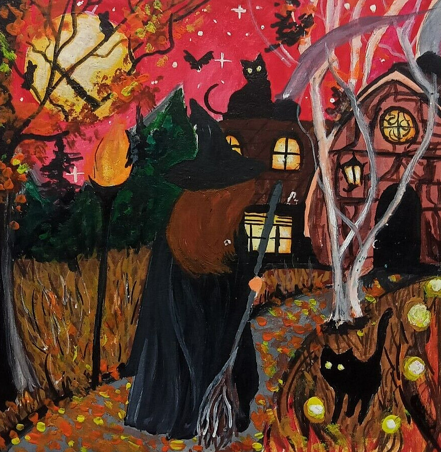 ORIGINAL 4X4 HALLOWEEN WITCH PAINTING HAUNTED HOUSE RED EVENING MAGIC MOON ART