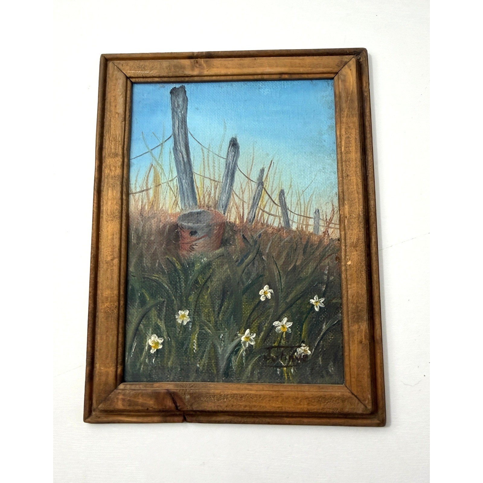 Original Landscape Oil Painting in Rustic Wood Frame Wildflower Farm Country