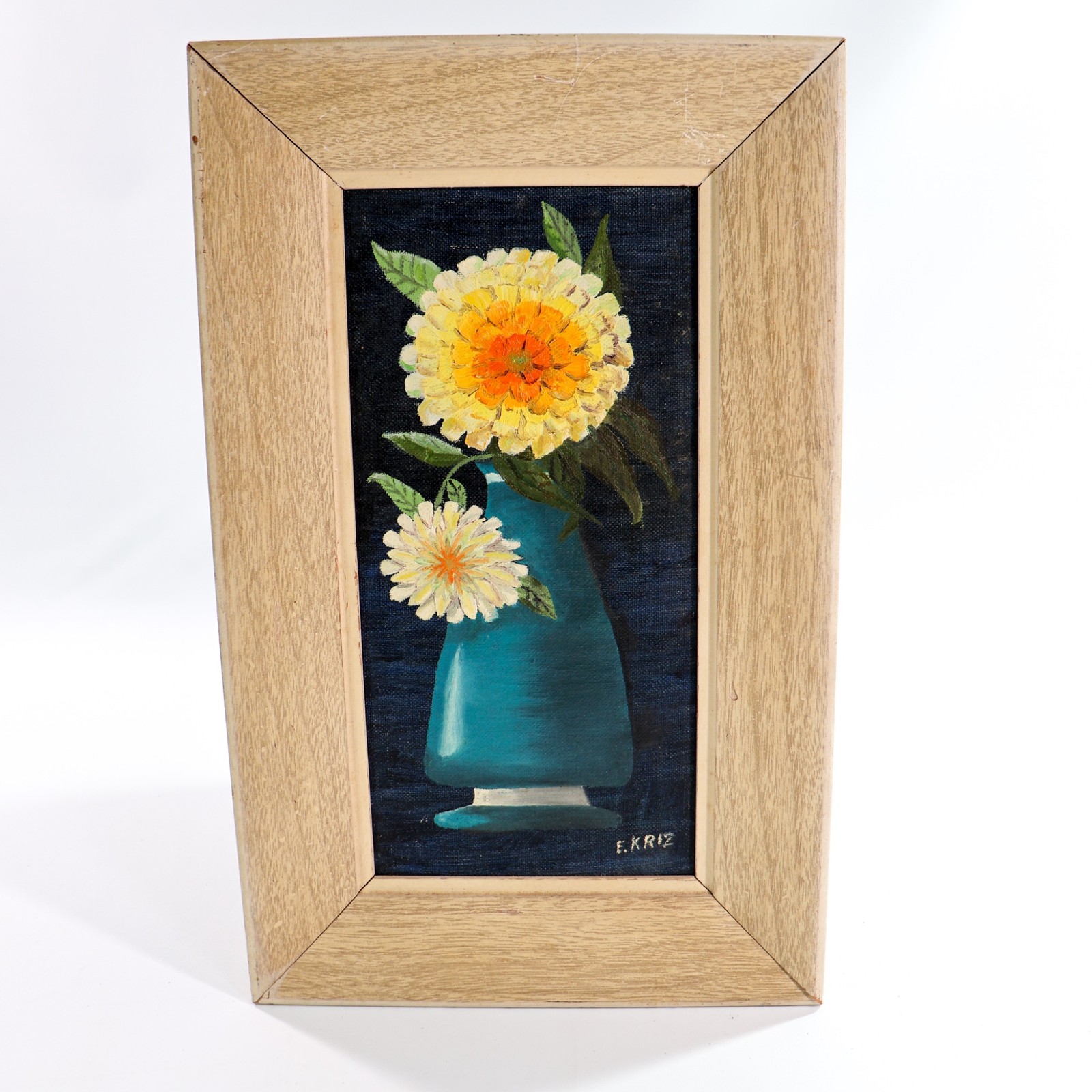 Vintage Original Painting 1960s MCM Zinnia Florals in Vase Mod Kriz Midcentury